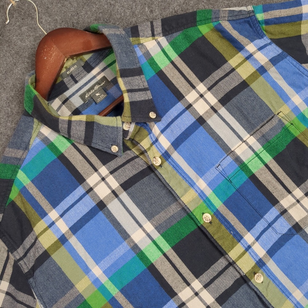 Eddie Bauer Mens 2XL Relaxed Fit Plaid Herringbone Button Down Shirt Blue Green
